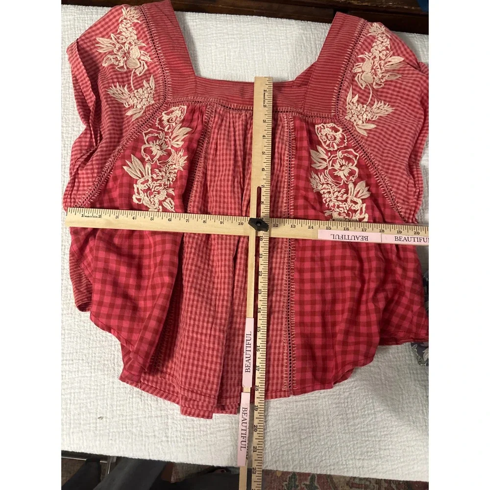 We The Free Free People Embroidered Boho Gingham Top Cotton Linen Blend M